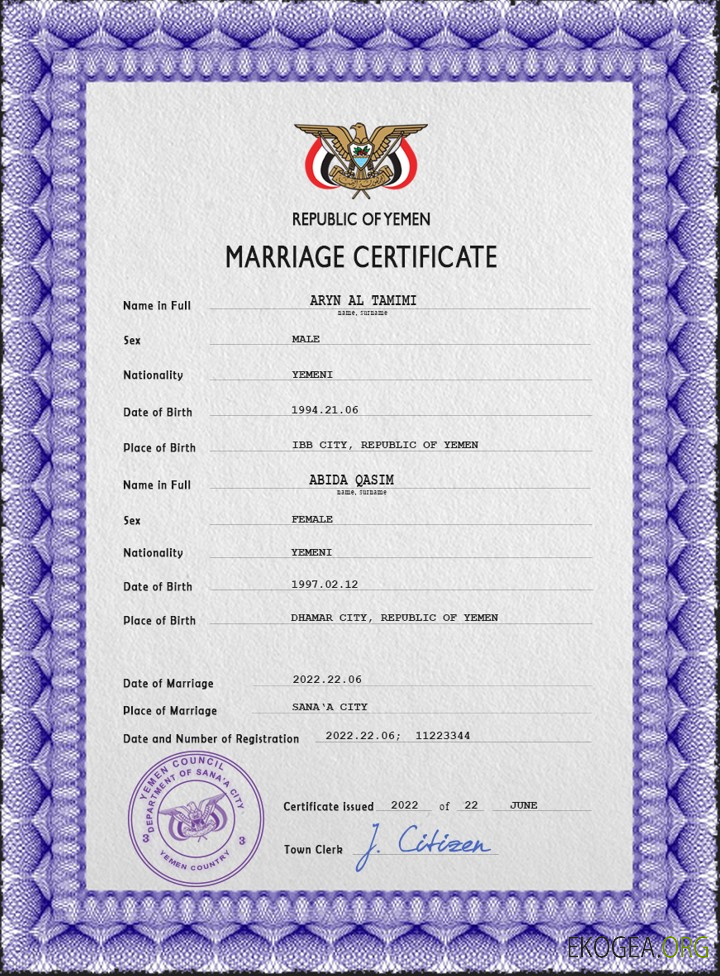 Modèle PSD de certificat de mariage au Yémen